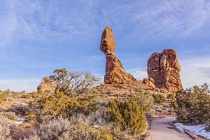 Panoramic picture of impressive sandstone formations in Arches National Park at night in winter photo