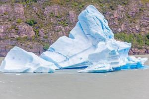 Panoramic image over Lago Grey with icebergs in Torres del Paine National Park in Patagonia in summer photo