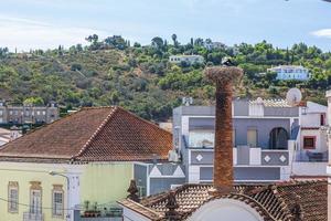 nido de cigüeñas en la parte superior de una antigua chimenea de fábrica en silves portugal en verano foto