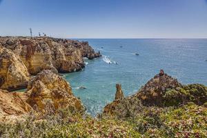 View on typical cliffy beach at Algarve coastline in Portugal in summer photo