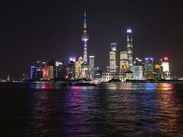 Panoramic picture of skyscrapers of Pudong district from the Bund in Shanghai at night in winter photo