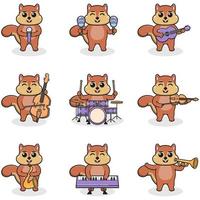 Vector Illustration of Cute Squirrel playing music instruments. Set of cute Squirrel characters. Cartoon animal play music. Animals musicians.