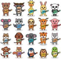 Set of cute cartoon animals with Guitar. Vector collection funny animals. Illustration set with different animals. Animals playing music instruments. Cartoon animal play music.