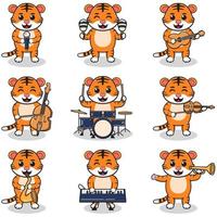 Vector Illustration of Cute Tiger playing music instruments. Set of cute Tiger characters. Cartoon animal play music. Animals musicians.