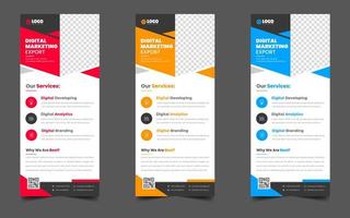 digital marketing corporate business roll up banner or stand banner design template with blue, yellow and red color. digital marketing corporate business modern rack card and dl flyer design template. vector