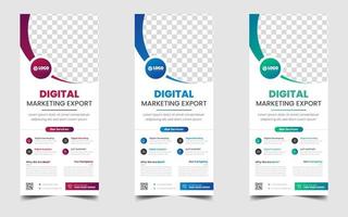 digital marketing corporate business roll up banner or stand banner design template with blue, green and red color. digital marketing corporate business modern rack card and dl flyer design template. vector