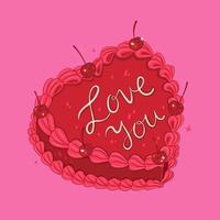 Red heart-shaped cake decorated with cherries. Vector graphics.