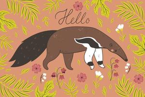 Postcard with cute anteater and leaves. Vector graphics.