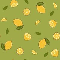Seamless pattern with lemons and lemon slices on a green background. Vector graphics.