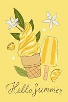 Postcard or poster with lemon ice cream and lemon slices. Vector graphics.