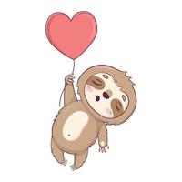 Cute sloth Kawaii character sleeping and flying in a heart-shaped balloon for Valentine's Day vector