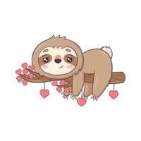 Cute sloth Kawaii character lies on a branch with hearts for Valentine's Day vector