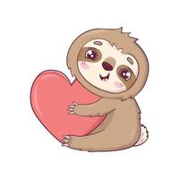 Cute sloth Kawaii character hugging heart for Valentine's Day vector