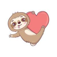 Cute sloth Kawaii character weighs on a heart like on a branch for Valentine's Day vector