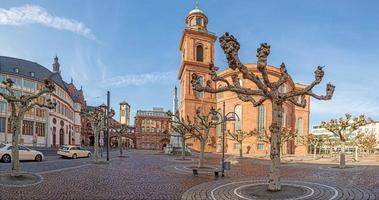 Panorama picture of Frankfurt Pauls Square with historic Paulskirche church against blue sky and sunshine photo