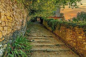 Picture of a romantic cobblestone street overgrown with trees and leaves in the medieval town of Motovun in central Istria during the day photo