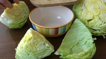 feuilles de salade fraîche de laitue iceberg.les motifs géométriques des feuilles à l'intérieur du coeur d'une salade de laitue lactuca sativa coupée et tranchée video