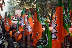 delhi, india, 02 de diciembre de 2022 - partidario del bjp del partido bharatiya janata durante un mega road show en apoyo del candidato del bjp pankaj luthara para presentar documentos de nominación antes de las elecciones del organismo local mcd 2022 foto