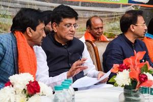 New Delhi, India - November 27 2022 - Piyush Goyal Cabinet Minister and core member of Bharatiya Janata Party BJP during a rally in support of BJP candidate ahead of MCD local body Elections 2022 photo