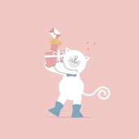 lindo y encantador gato dibujado a mano con regalo, pastel de taza y carta de amor, feliz día de San Valentín, cumpleaños, concepto de amor, diseño de personaje de dibujos animados de ilustración de vector plano aislado