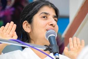 New Delhi, India, October 16 2022 - BK Shivani during meditation session, Shivani Verma, better known as BK Shivani, is a teacher in the Brahma Kumaris spiritual yoga and meditation movement of India photo