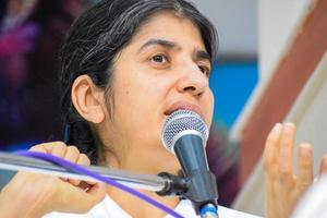 New Delhi, India, October 16 2022 - BK Shivani during meditation session, Shivani Verma, better known as BK Shivani, is a teacher in the Brahma Kumaris spiritual yoga and meditation movement of India photo