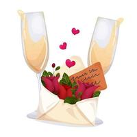 Valentine's day card, postcard or banner design.  background with glasses, letters, roses in white background. Vector illustration