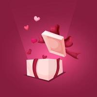 tarjeta del día de san valentín. caja de regalo con corazones con cintas sobre un fondo rosa. banner, plantilla de postal, publicidad, redes sociales. ilustración vectorial vector
