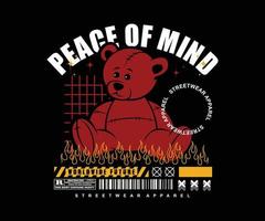 pace of mind slogan with vector illustration of a red teddy bear on a black background, for streetwear and urban style t-shirts design, hoodies, etc.