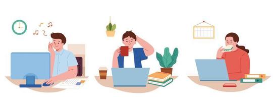 Set of people listening music, drinking coffee and eating lunch at desk in office. Flat vector illustrations of men and a woman having break at workplaces.