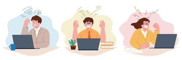 Flat style illustrations of employees with tension at workplace. Men and woman stressed and annoyed of work. vector