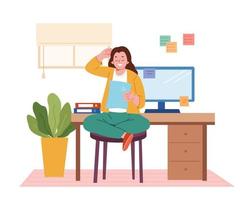 Flat style vector of woman sitting at her desk reading a document at office.