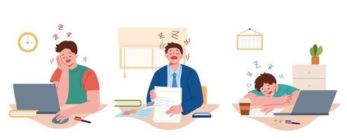 Young workers sitting at desk with documents and laptops feeling sleepy and exhausted at workplace. Flat style illustration of tired workers at office. vector
