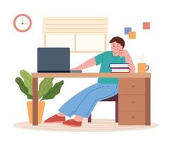 Man sitting at desk working on laptop. Flat style illustration of man working from home. vector