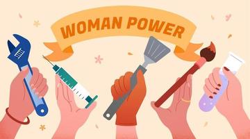 ilustración plana de manos femeninas sosteniendo diferentes herramientas profesionales bajo el estandarte de poder femenino vector