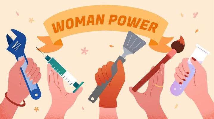 Flat illustration of female hands holding different profession tools under woman power banner