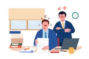 Angry boss looking at lazy male employee working at his desk in office, flat illustration. vector