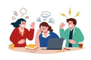 Office colleagues arguing and shouting with a woman sitting at her desk. Flat illustration of relationship problem in colleagues or coworkers. vector