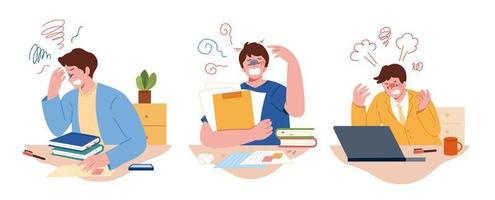 conjunto de síntomas del síndrome del hombre de negocios y de la oficina. ilustración de estilo plano de hombres que tienen dolor de cabeza trabajando en la oficina. vector