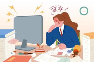 trabajo estresante, estrés en el lugar de trabajo. mujer de negocios infeliz sentada en el escritorio mirando el monitor de la computadora, ilustración vectorial plana. vector