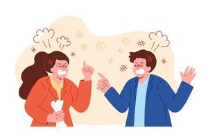 dos empresarios cara a cara, discutiendo, peleando, gritando y gritándose entre ellos. ilustración plana del problema de relación en colegas o compañeros de trabajo. vector
