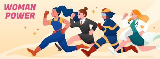 Flat illustration of women in different professions character running. Lawyer, technician, firefighter and doctor running. vector