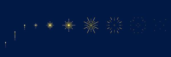 Stages of yellow fireworks explosion in pixel art style vector