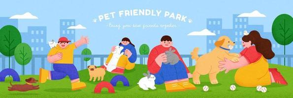 Flat illustration of pet owners taking their dogs, cats, and rabbits  to a pet friendly park in the city which has broad field and obstacles for them to do various outdoor activities vector