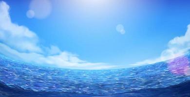 fondo marino tranquilo durante el día. Ilustración 3d de la superficie del océano bajo el cielo azul deslumbrado con sol por vista de ojo de pez vector