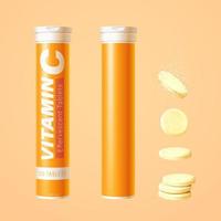 3D Vitamin C Effervescent tablet tubes mockup and yellow tablets isolated on light orange background vector