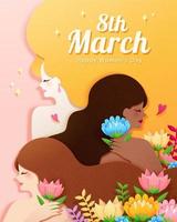 cartel del día de la mujer. ilustración de tres mujeres de diferentes razas vistiéndose con hermosas flores. concepto de tesoro femenino su belleza natural vector