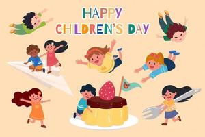 Elements of children in short sleeves flying, playing, and getting hungry with a text of Happy Children Day on the top vector