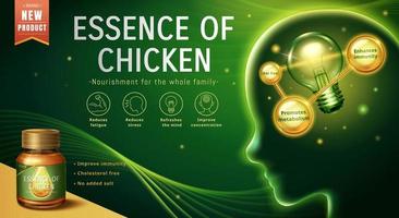 plantilla de anuncio de esencia de pollo. 3d ilustración de una bombilla en el cerebro humano con una botella de vidrio de esencia de pollo en la esquina inferior izquierda sobre fondo verde vector