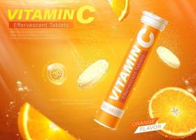 Vitamin C tablet ad. 3D Illustration of orange flavor effervescent tablets dissolving in the fizzy and bubbling water on orange background vector